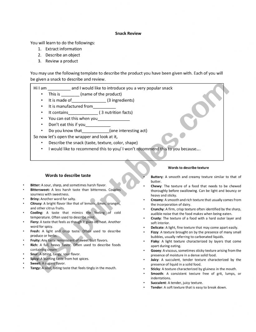 Snack Review worksheet