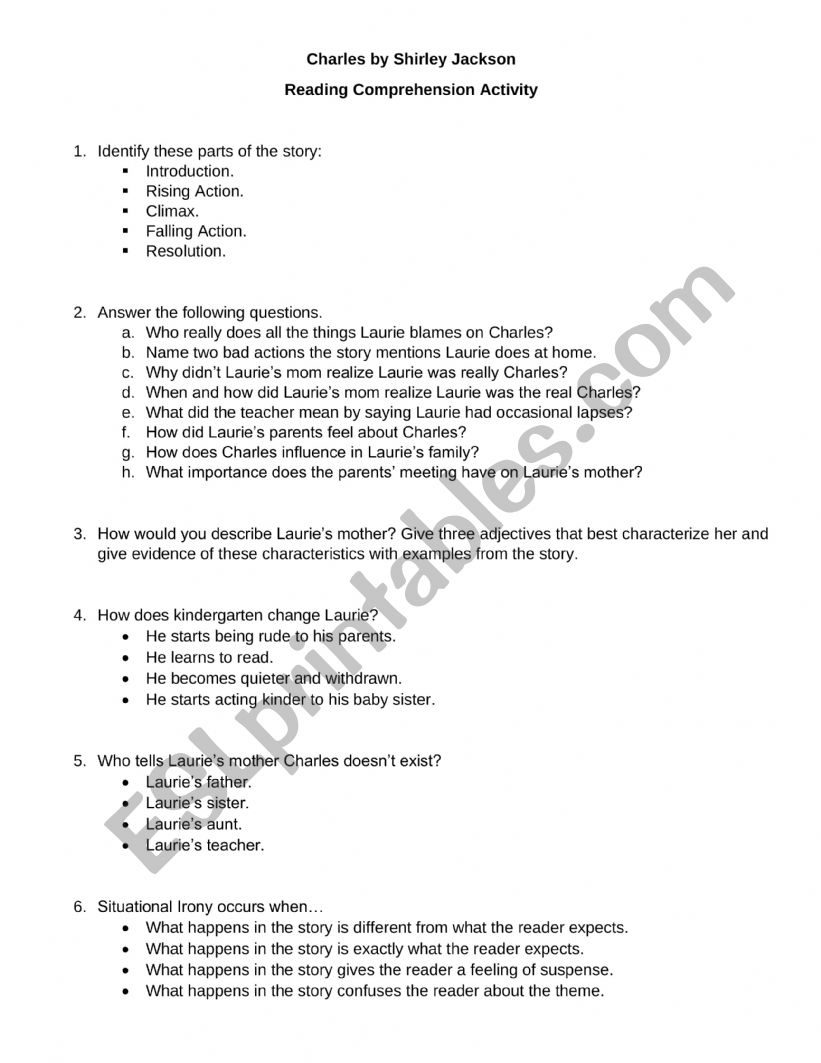 Charles by Shirley Jackson (Reading Comprehension Activity)