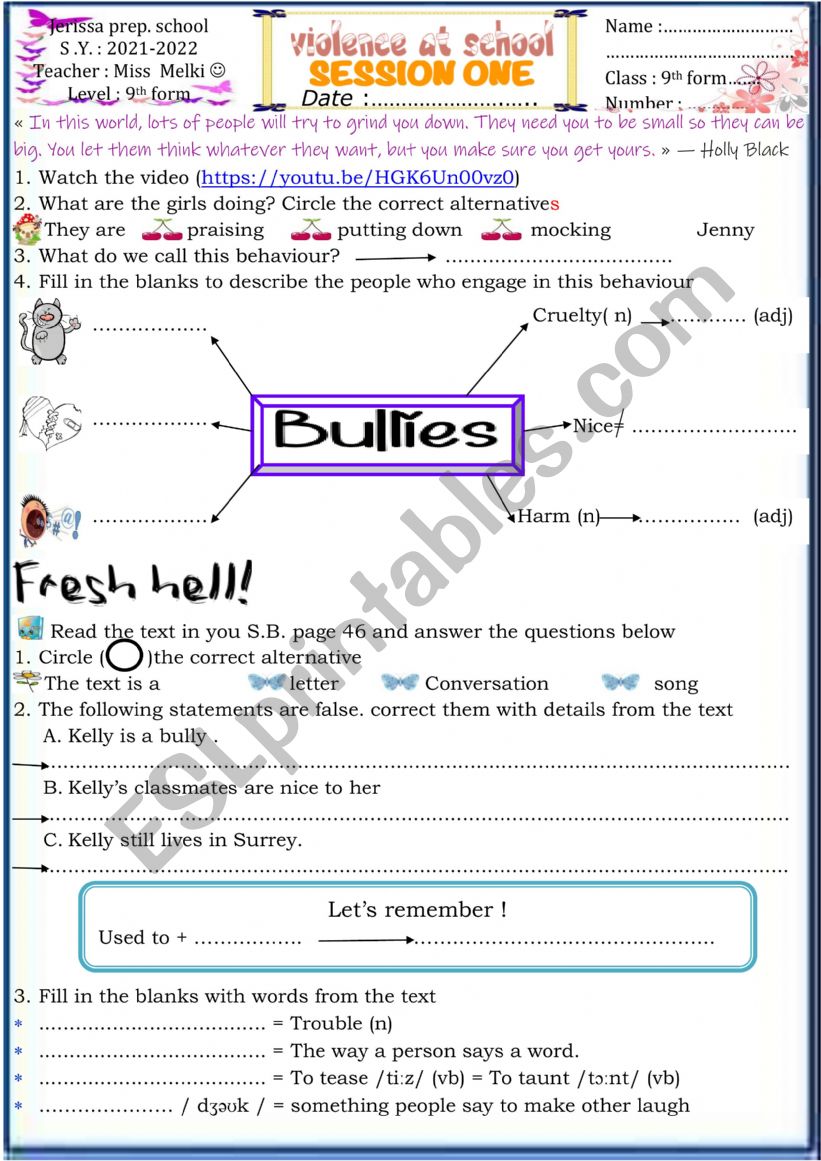 violence at school/ bullying worksheet