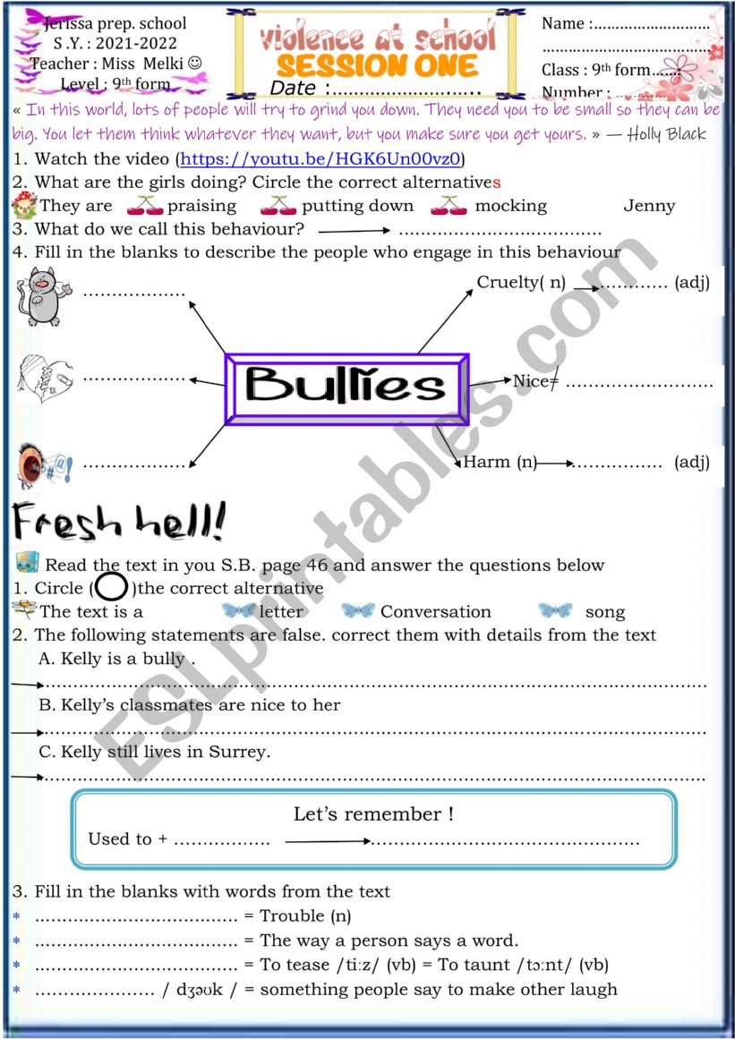 violence at school/ bullying worksheet