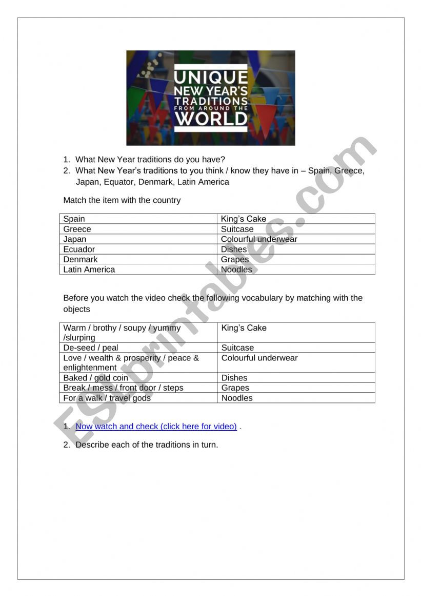 UNIQUE NEW YEAR TRADITIONS worksheet