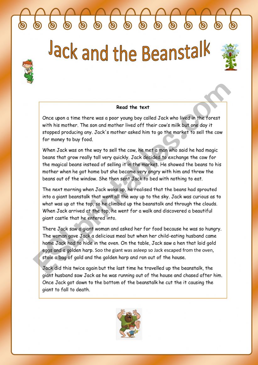 Jack and the Beanstalk Reading comprehension
