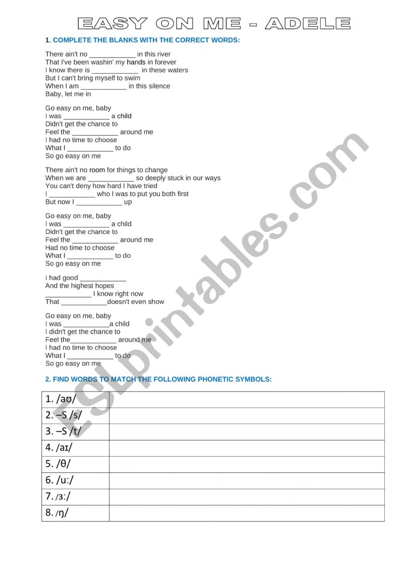 EASY ON ME - ADELE worksheet