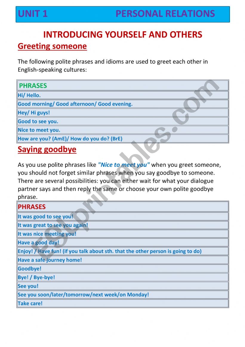 GREETINGS worksheet