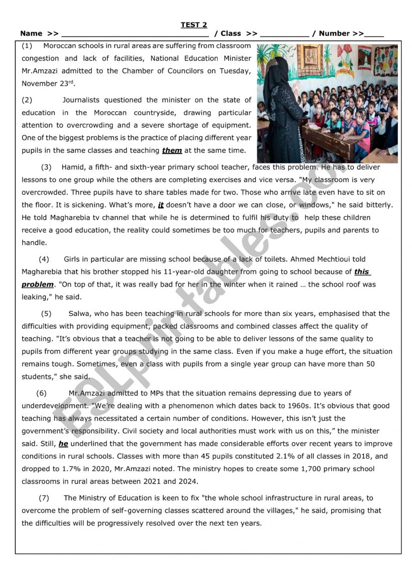 Test for 12th grade Moroccan 2nd year bac 