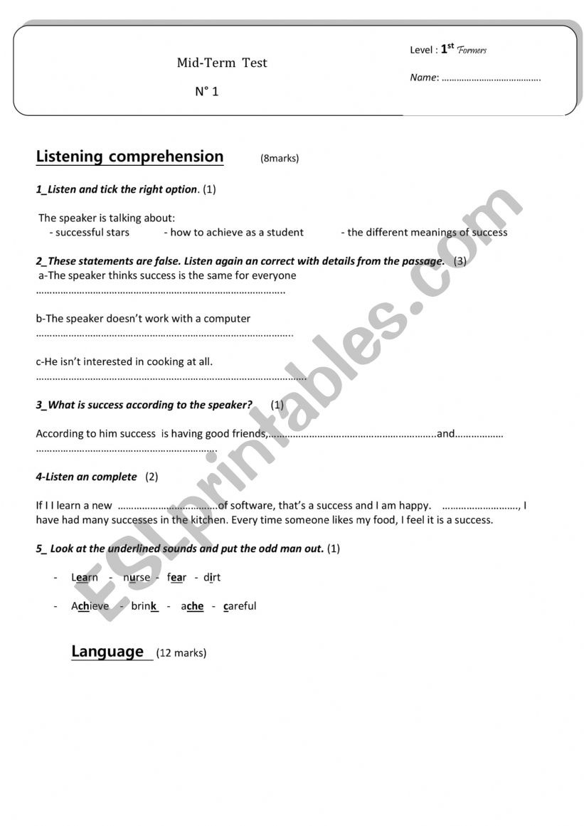 Mid-term Test 1st formers worksheet