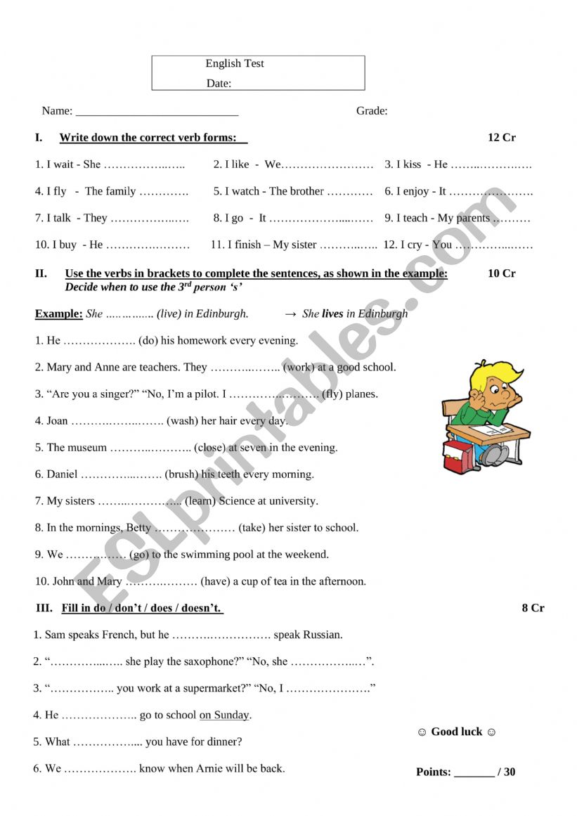 3rd Person Singular Test worksheet