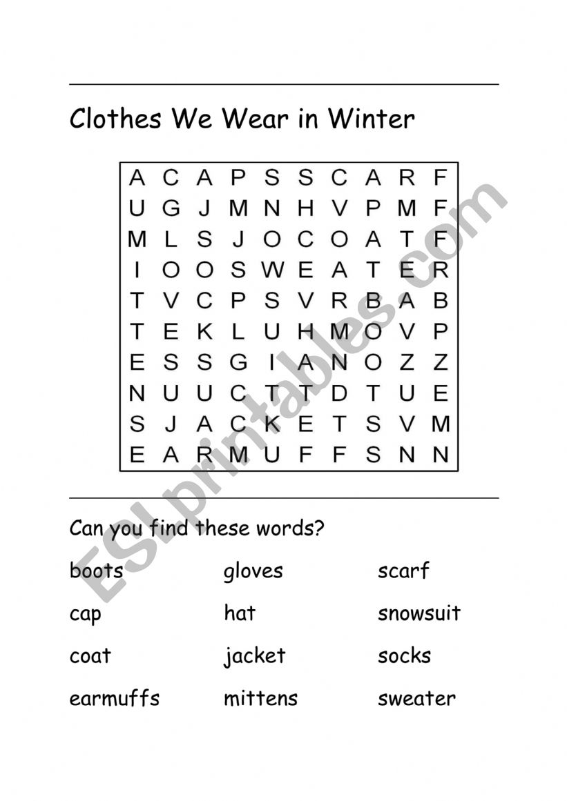 christmas winter clothes worksheet