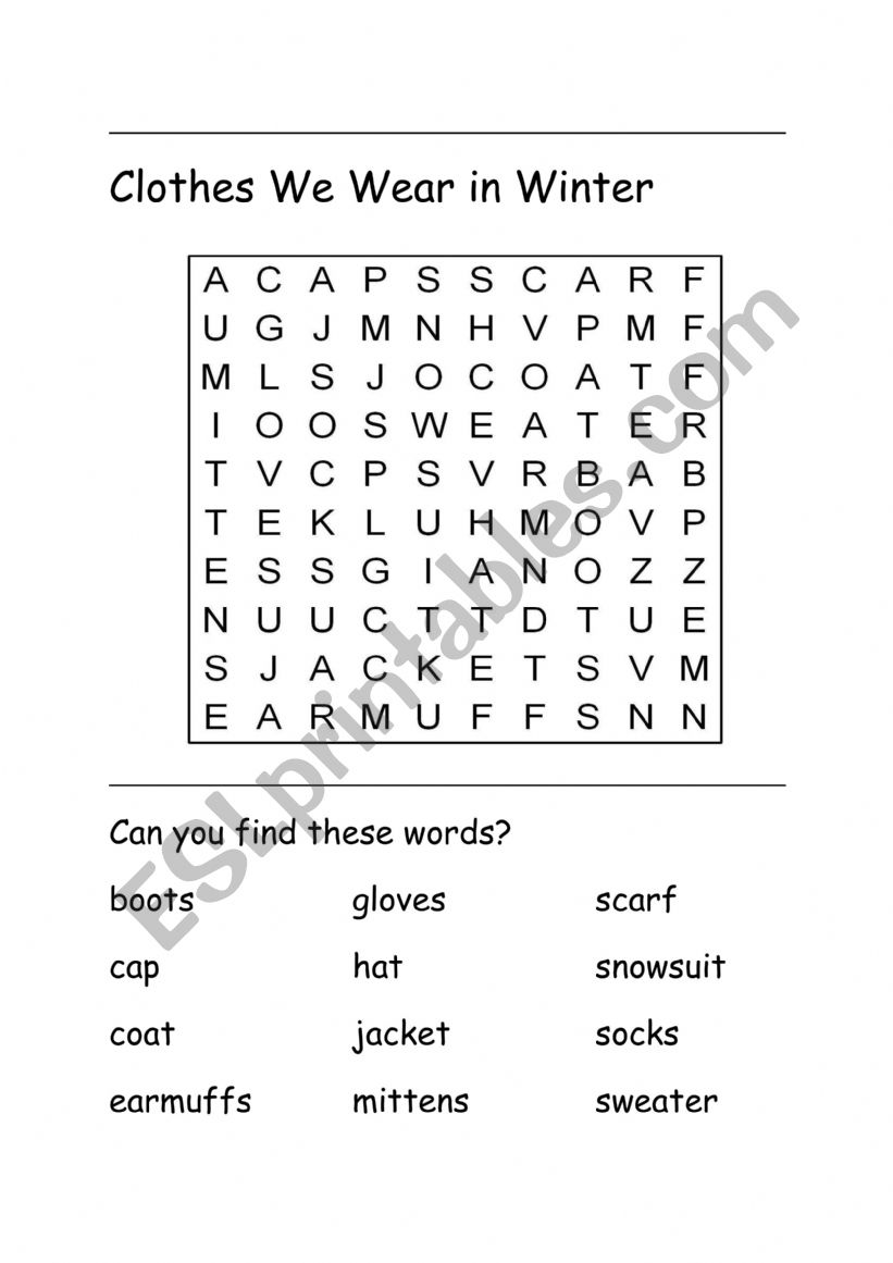 christmas winter clothes worksheet