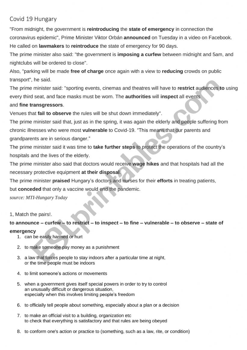 Covid 19 Hungary worksheet