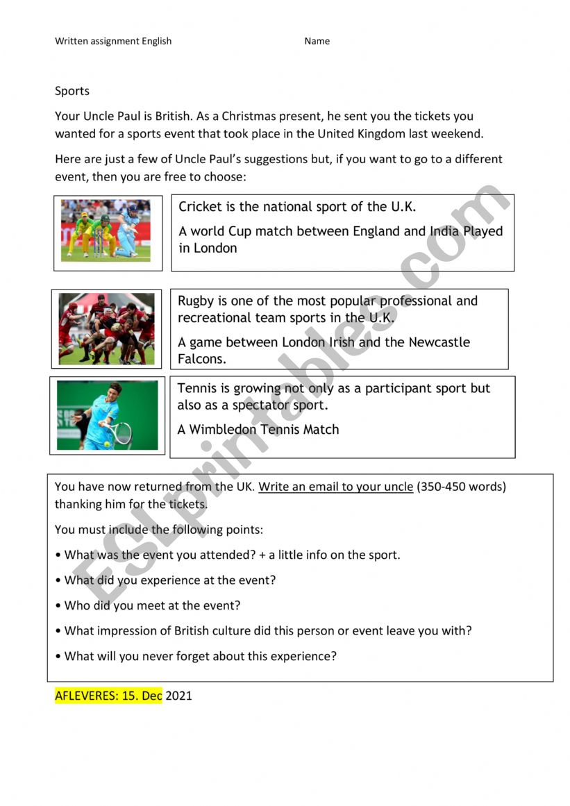 SPORTS written assignment worksheet