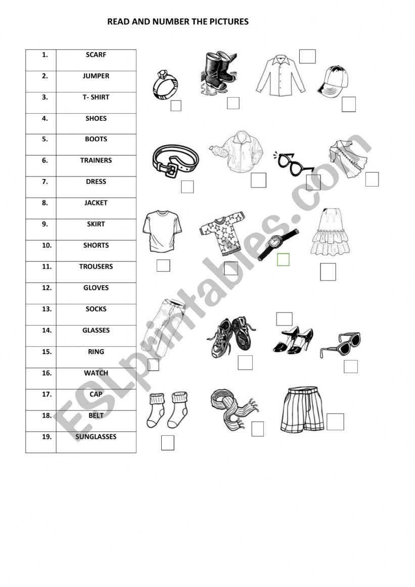 READ AND NUMBER CLOTHES - ESL worksheet by giba73