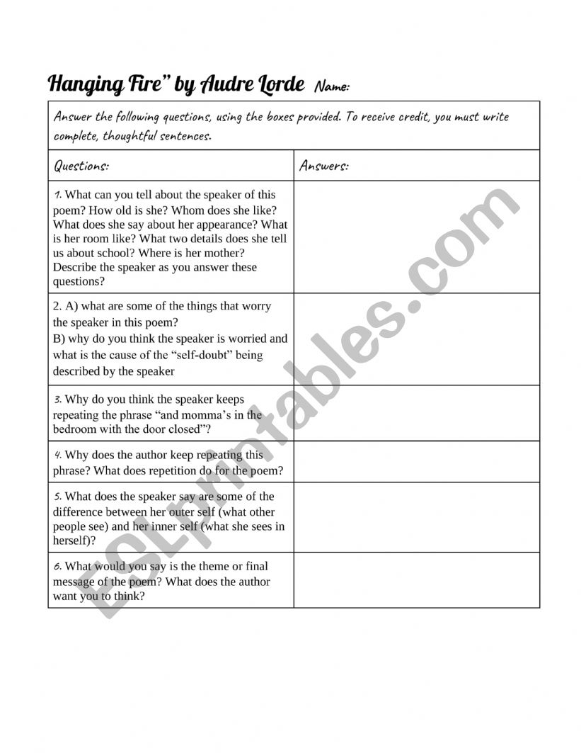 Audre Lord Poetry Questions worksheet