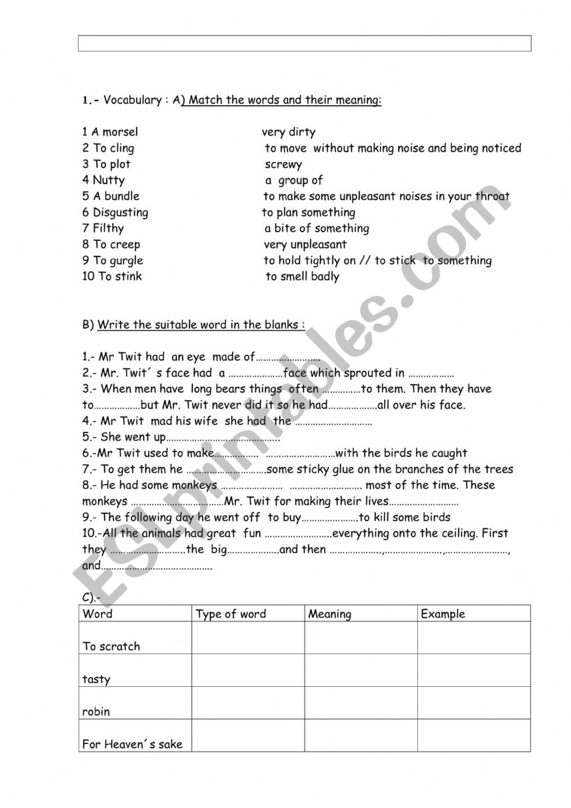 The Twits Final Questionnaire worksheet