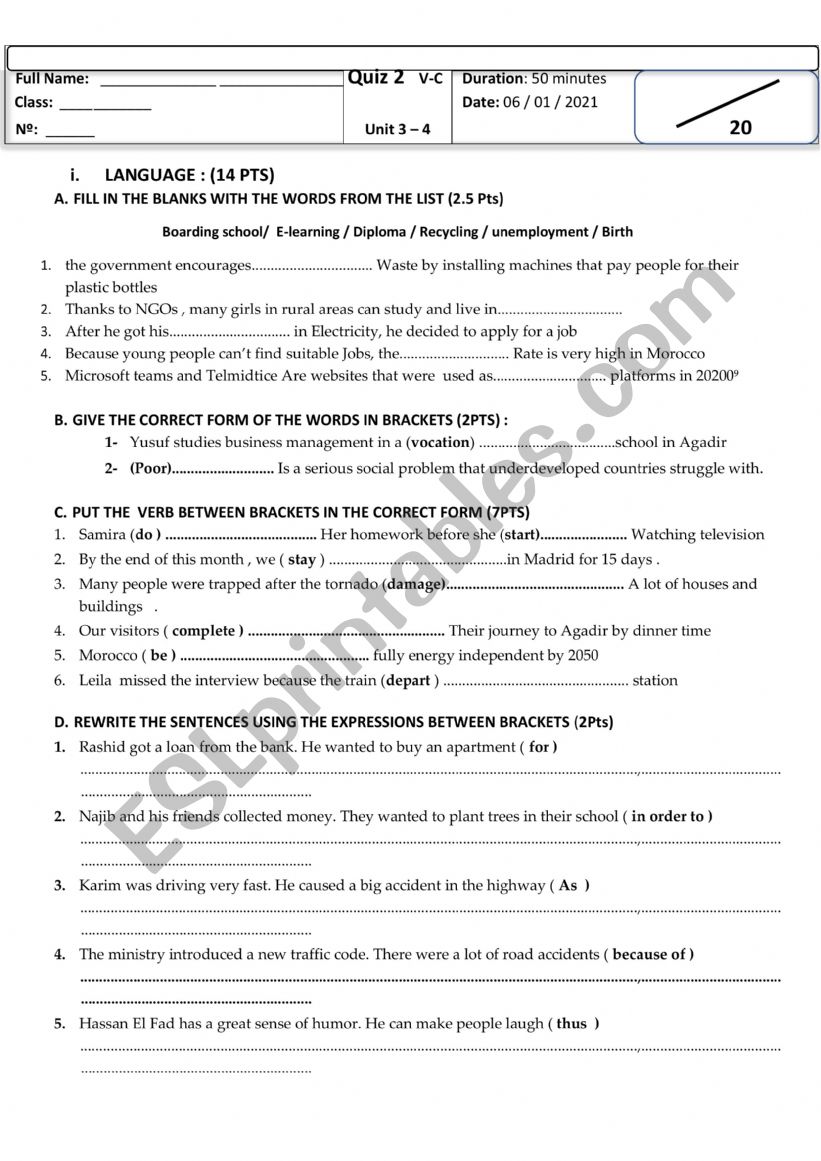 Test for bac students worksheet