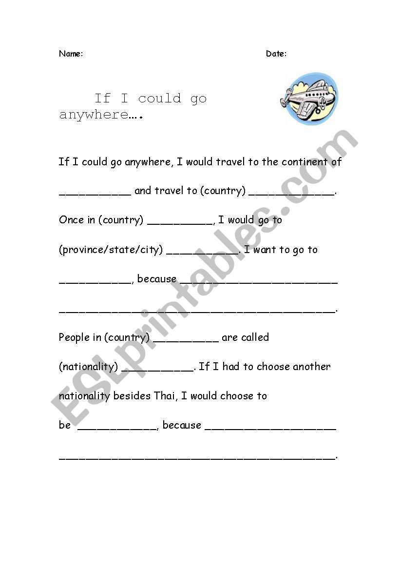 If you could go anywhere... worksheet