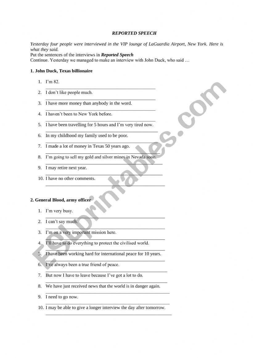 Reported Speech 4 interviews worksheet