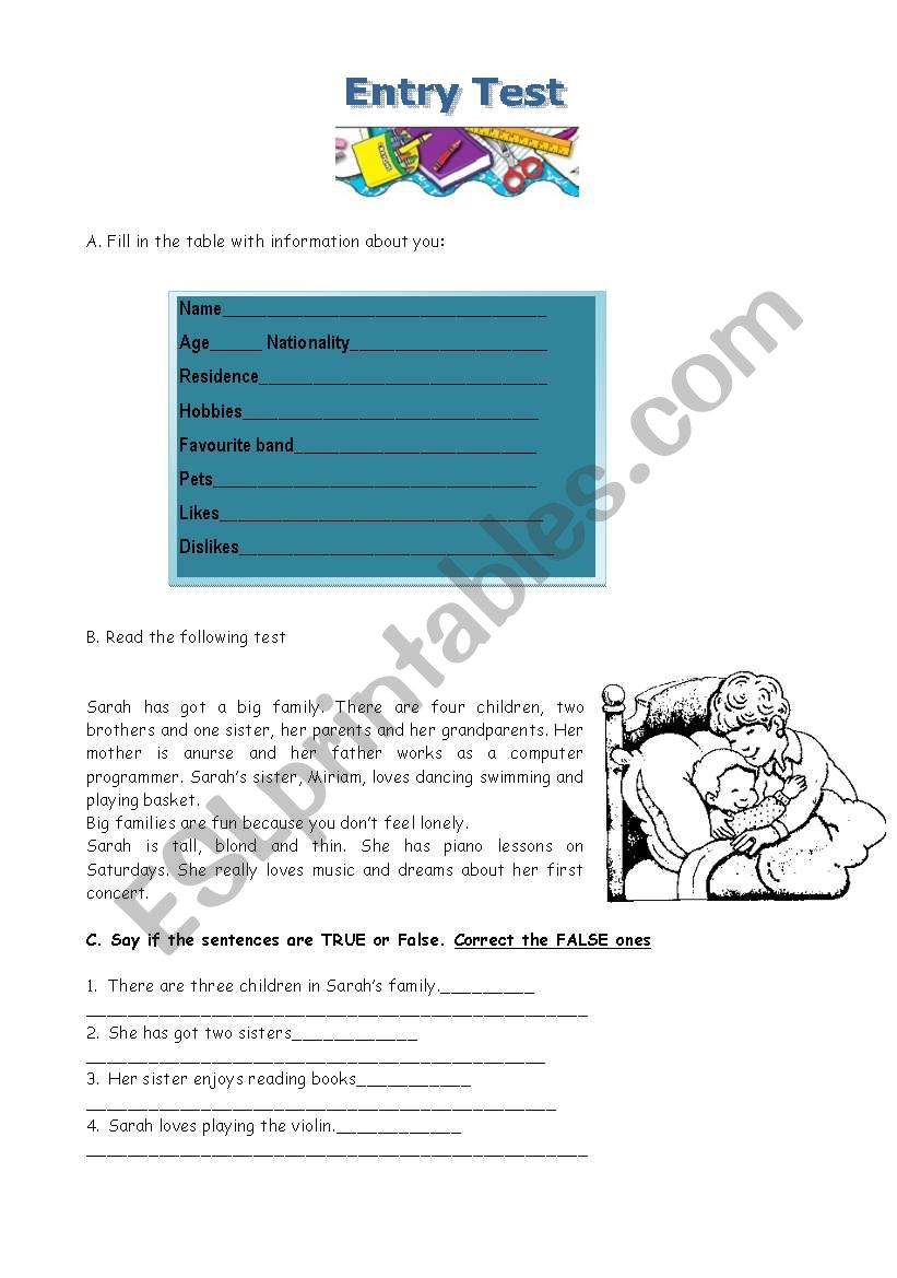 Entry test worksheet