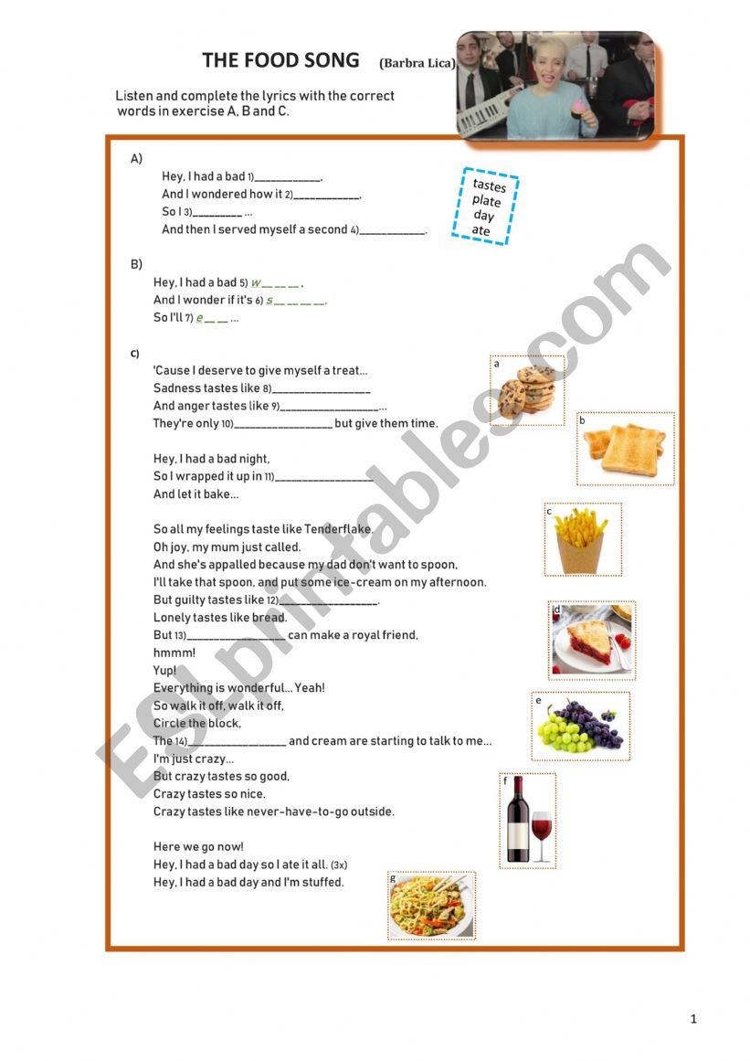 FOOD Song worksheet