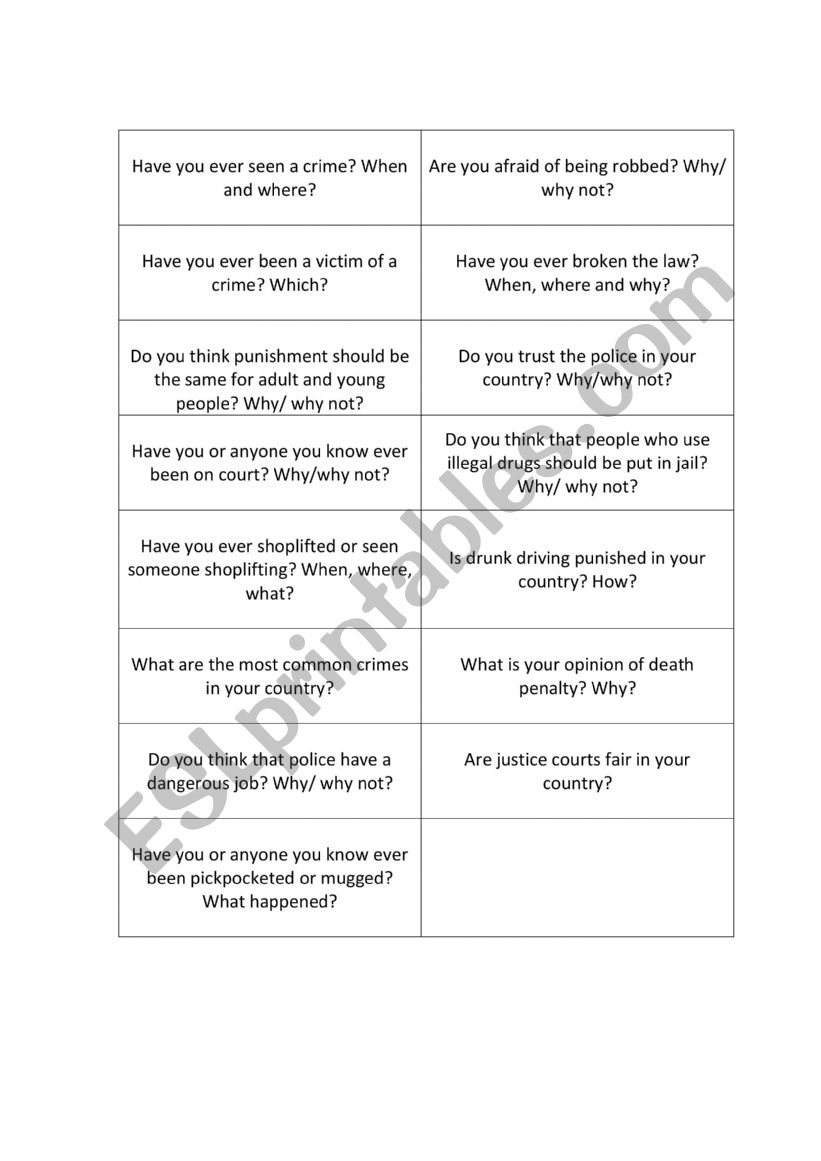 Speaking: crime questions worksheet