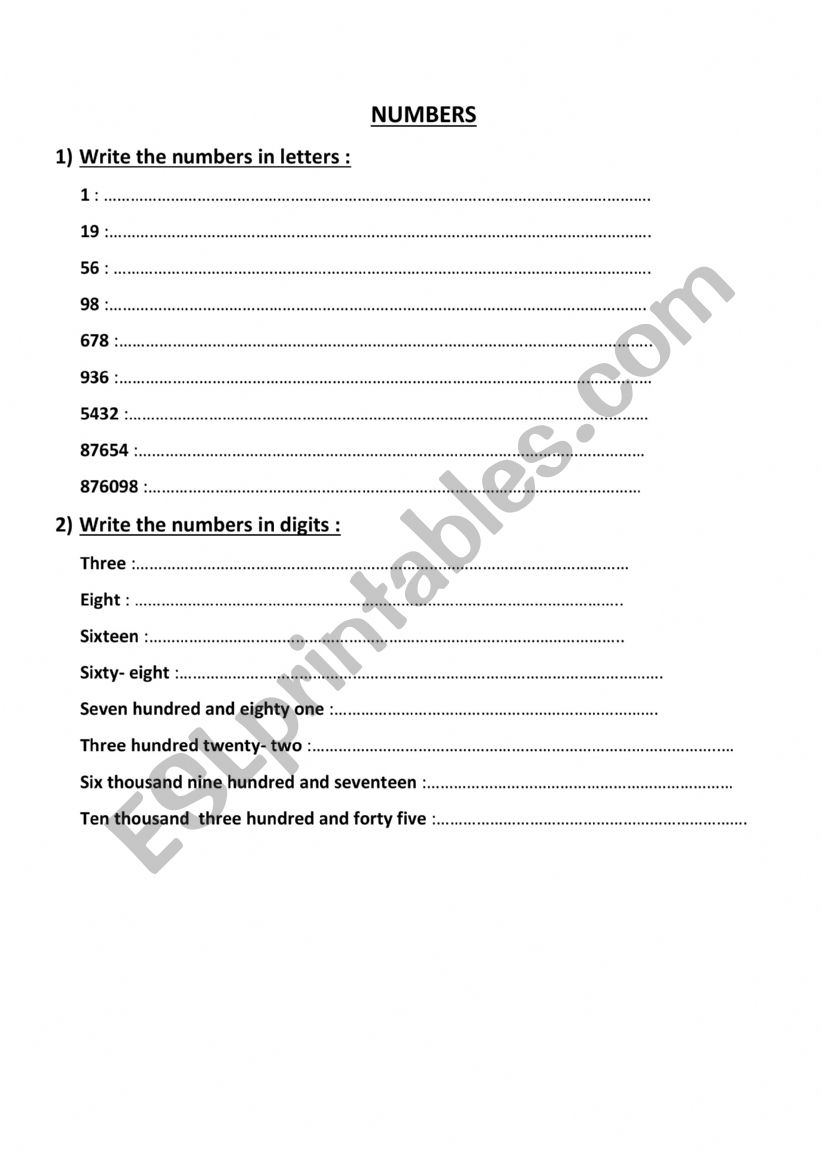 numbers  worksheet