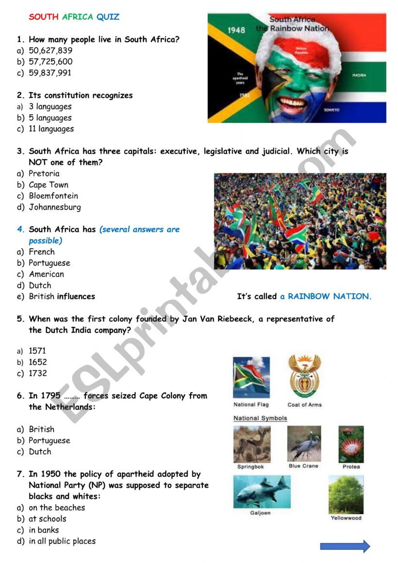 South Africa Quiz worksheet
