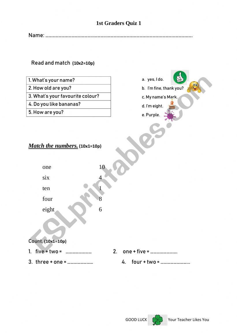 1st grade quiz worksheet