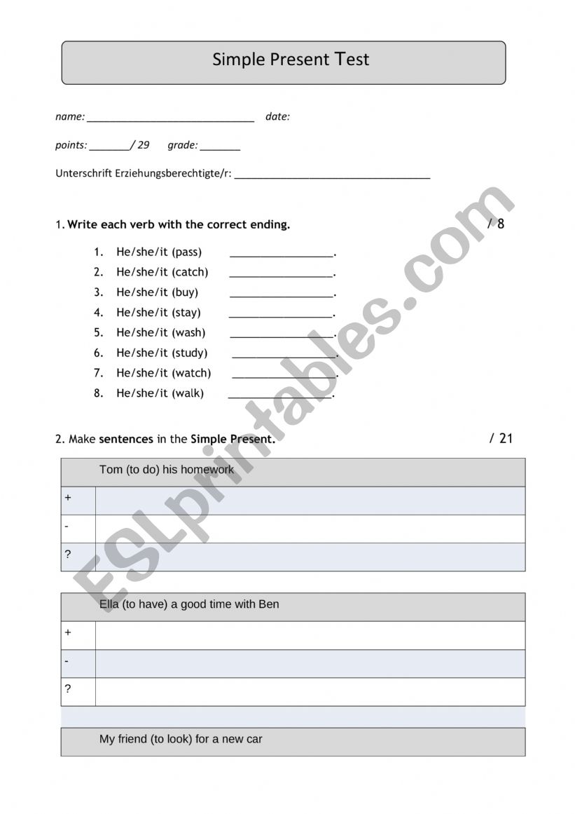 Test simple present worksheet