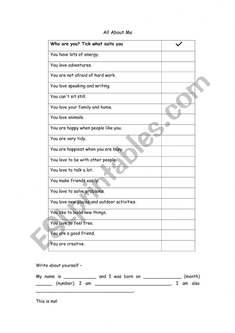 All About Me worksheet