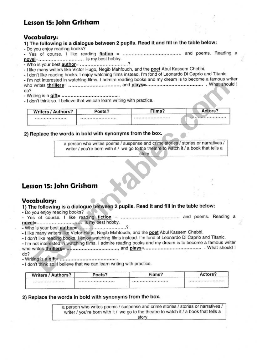 lesson 15: John Grisham worksheet