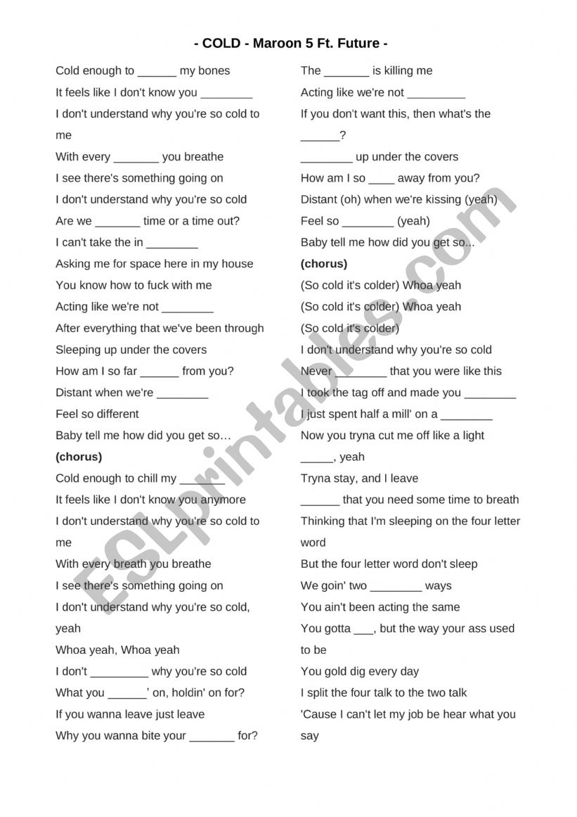 Cold Maroon 5 Ft. Future worksheet