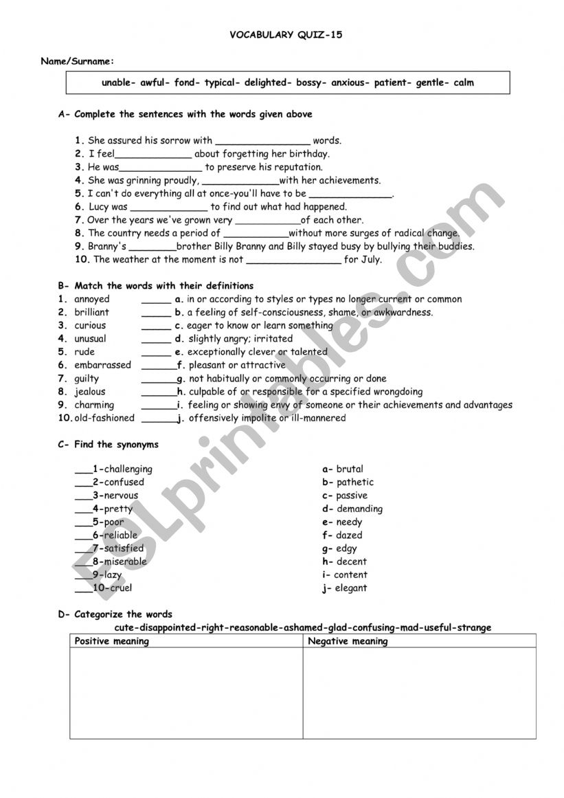 Vocabulary Quiz  worksheet