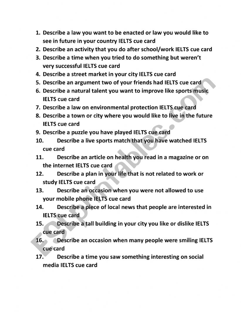 IELTS speaking topics worksheet