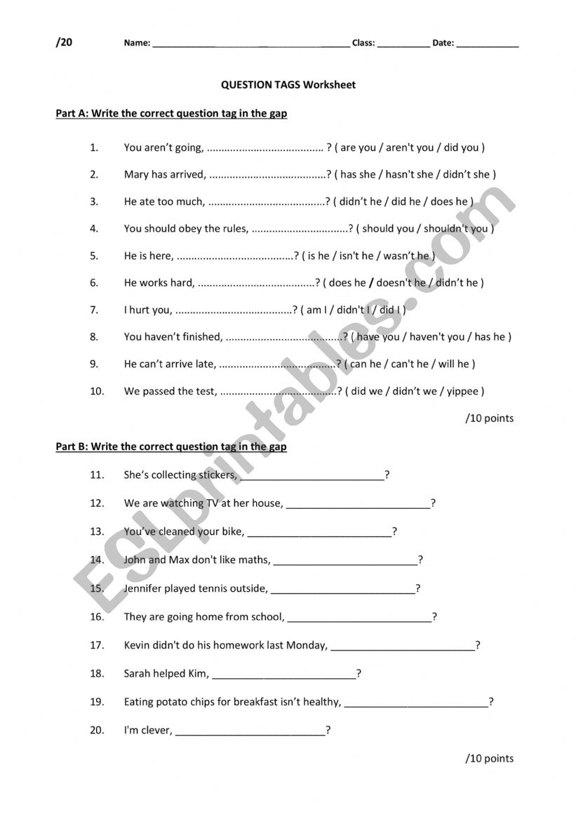 Question Tags Worksheet worksheet