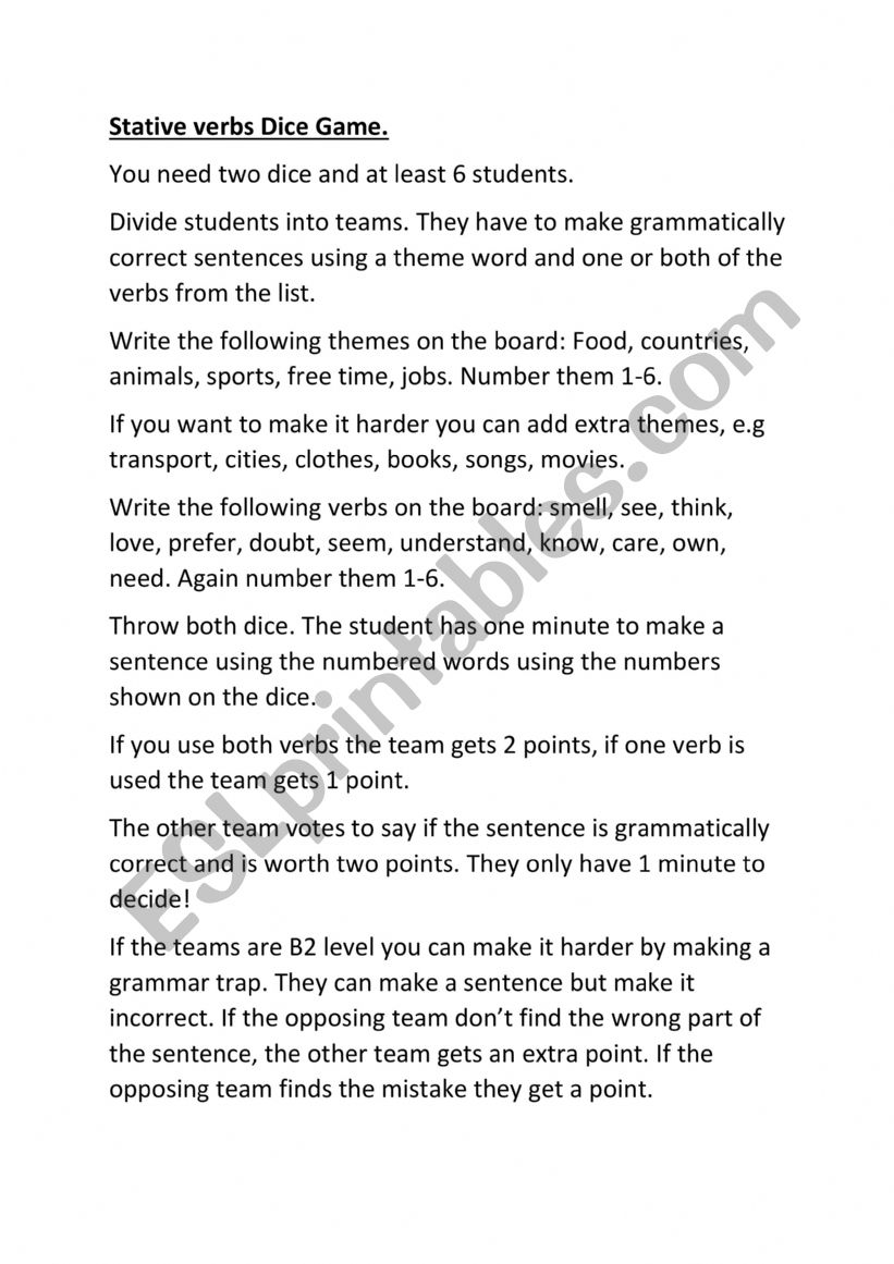 Stative verbs Dice game worksheet