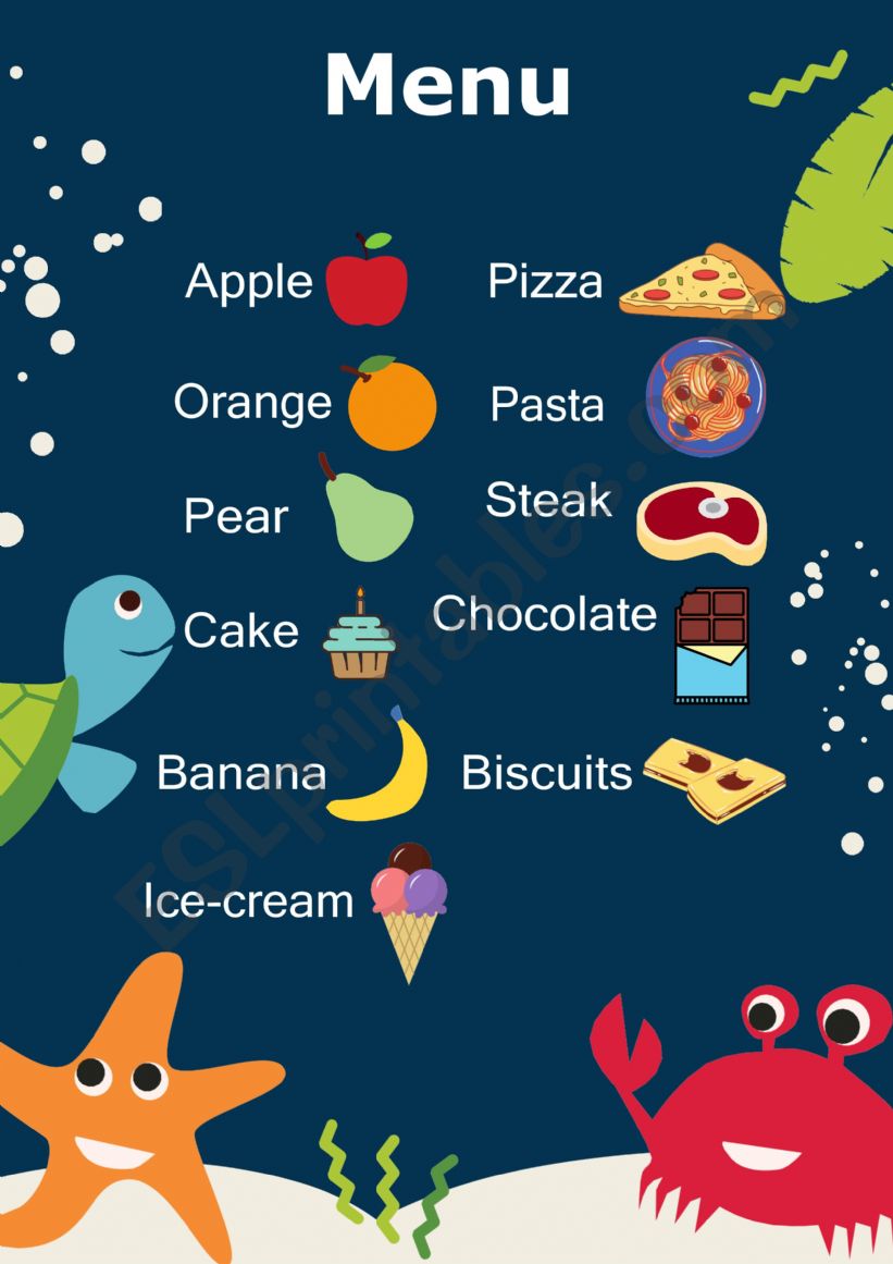 Food menu worksheet