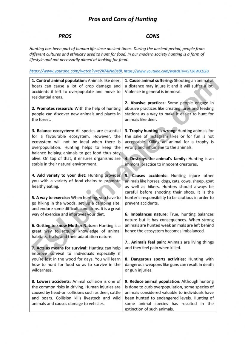 Pros and Cons of Hunting  worksheet