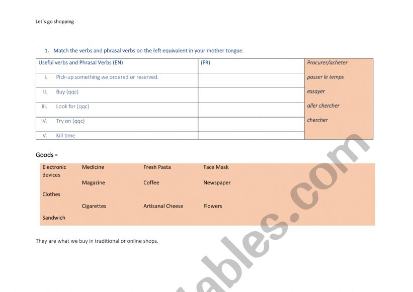 Let�s go shopping worksheet