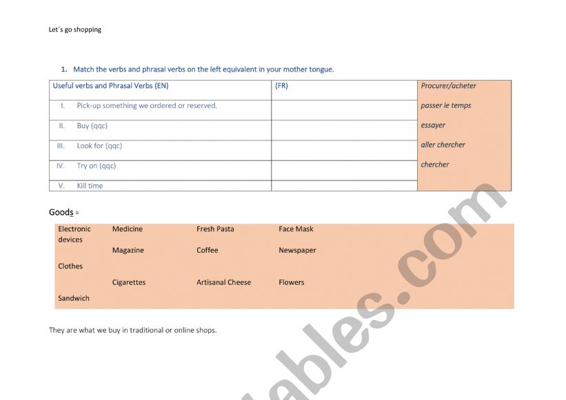 LetÃ¯Â¿Â½s go shopping worksheet