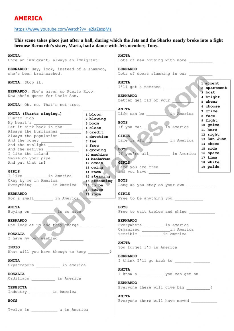 America West Side Story worksheet