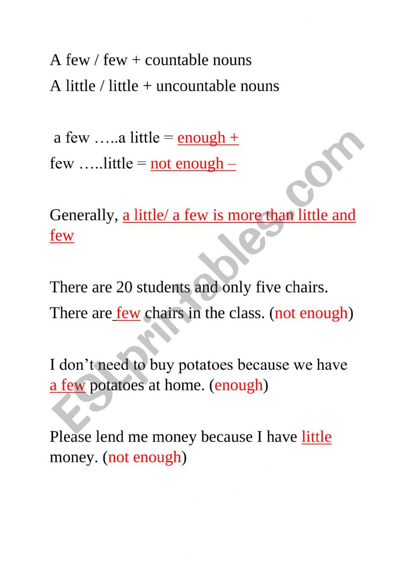 few vs a few worksheet