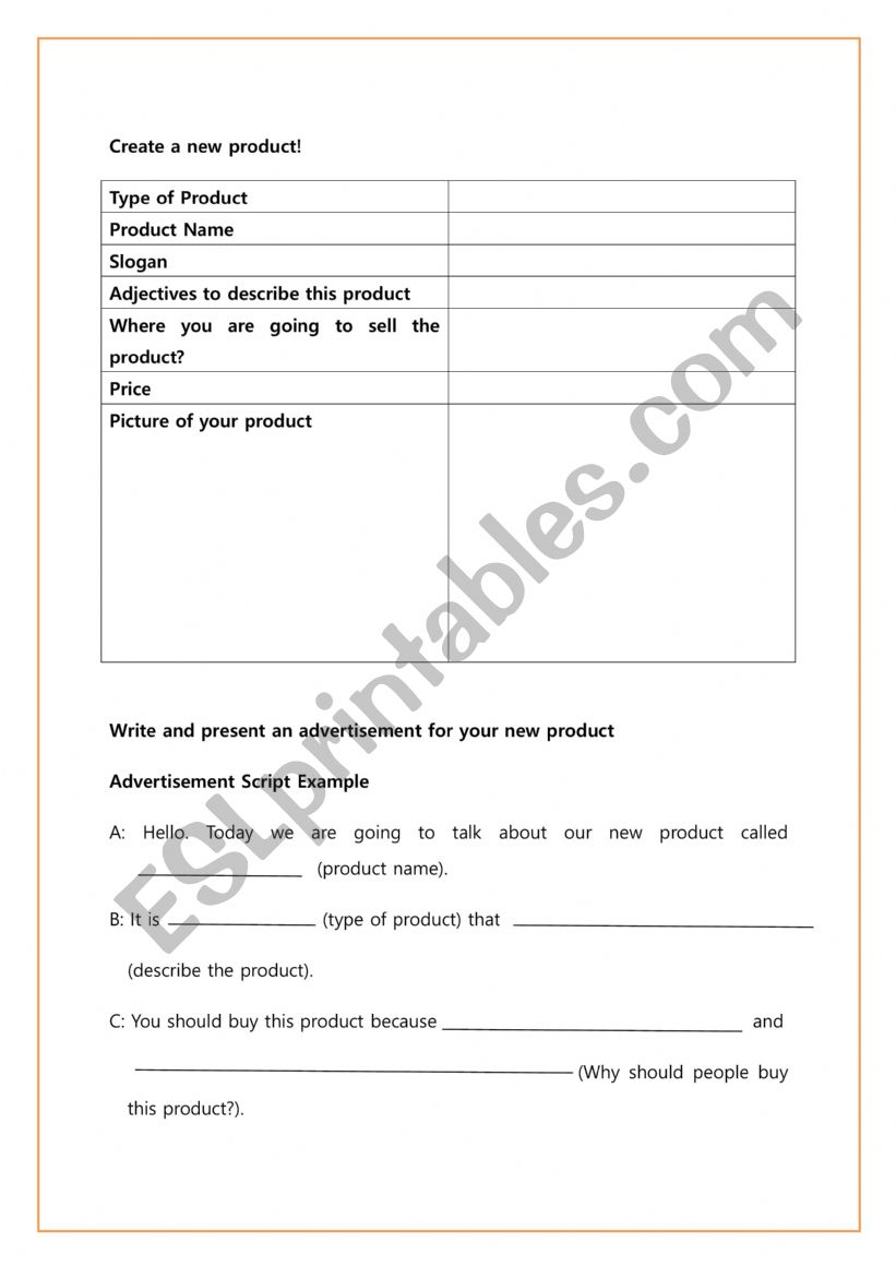 Advertising a Product  worksheet