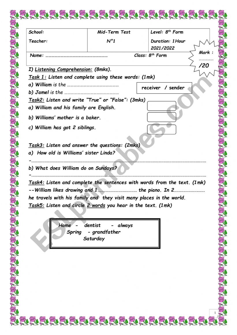 Mid Term 1 Test 8th Form Tunisian pupils