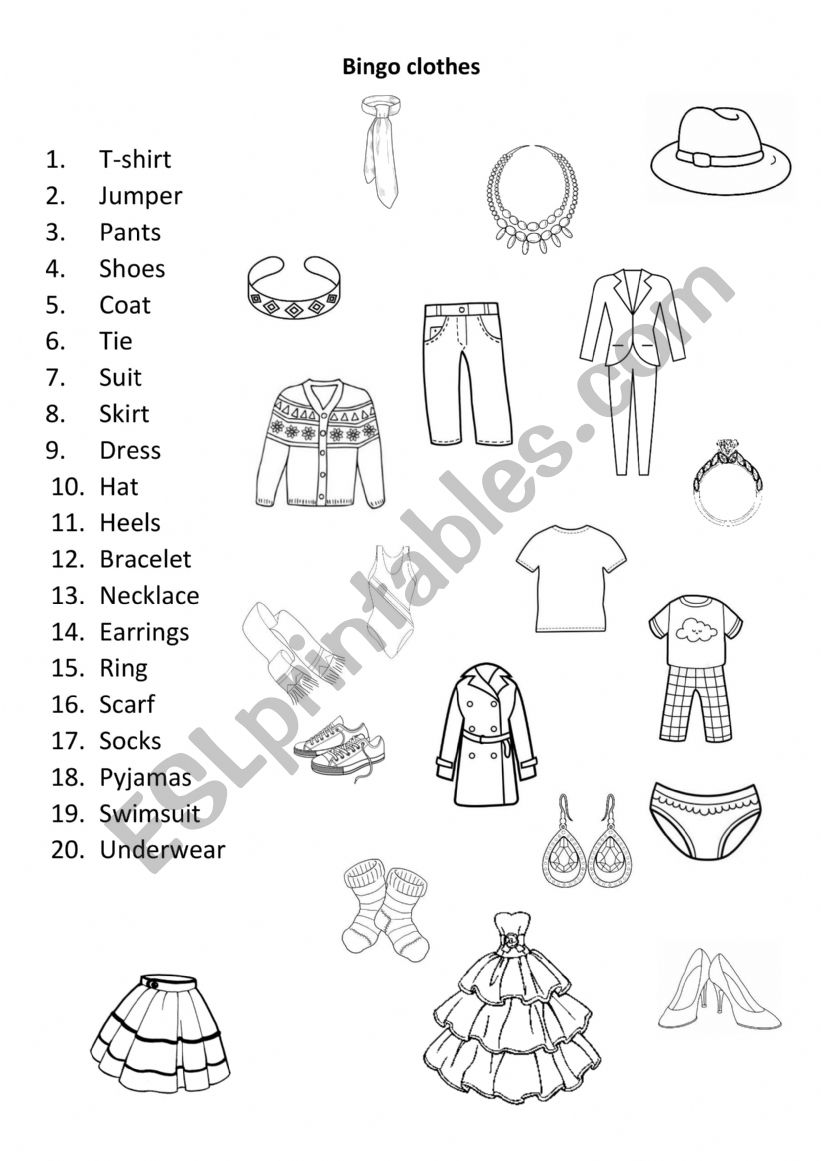 Bingo clothes worksheet