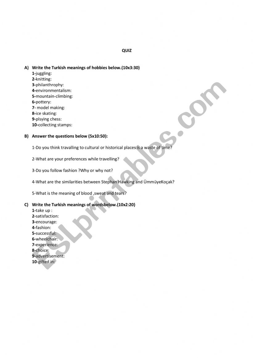 quiz worksheet