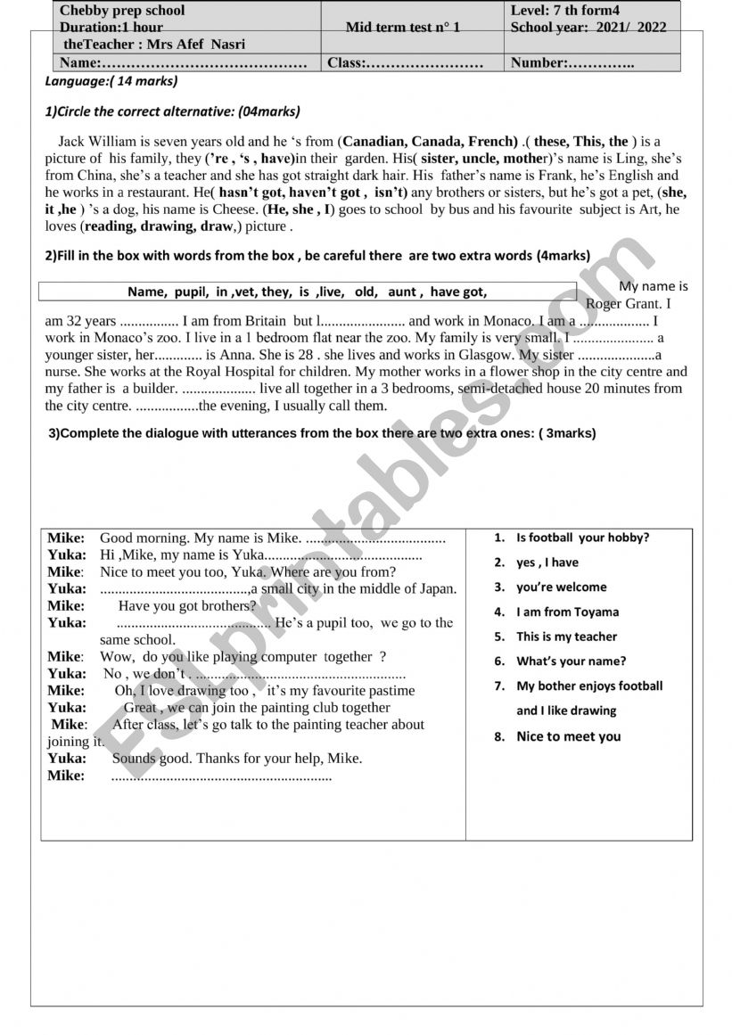 7 TH FORM  worksheet