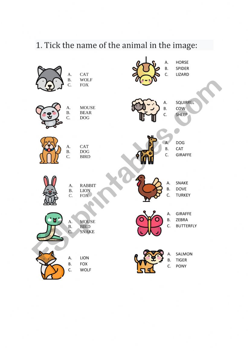 Animals Exame worksheet