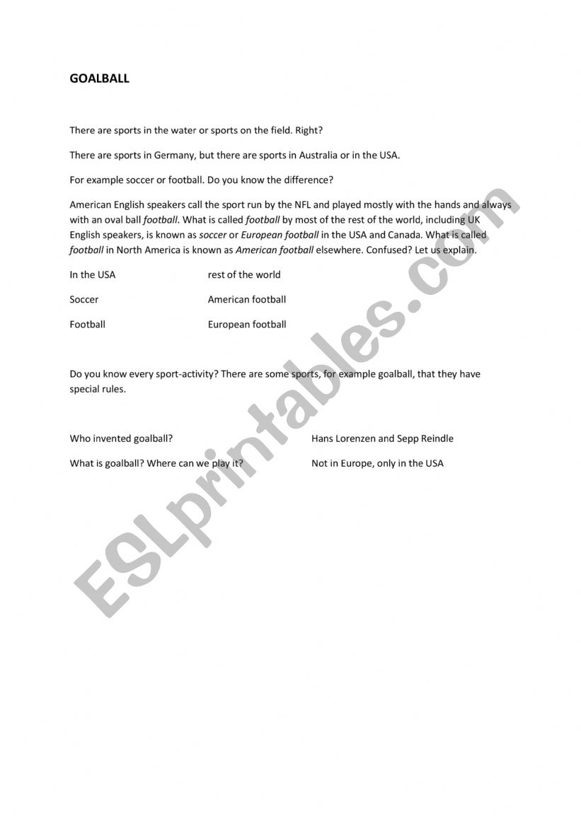 Goalball worksheet