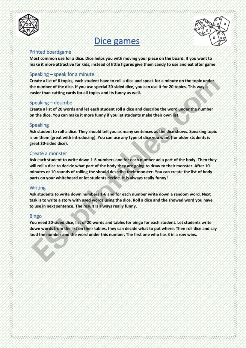 Dice games worksheet