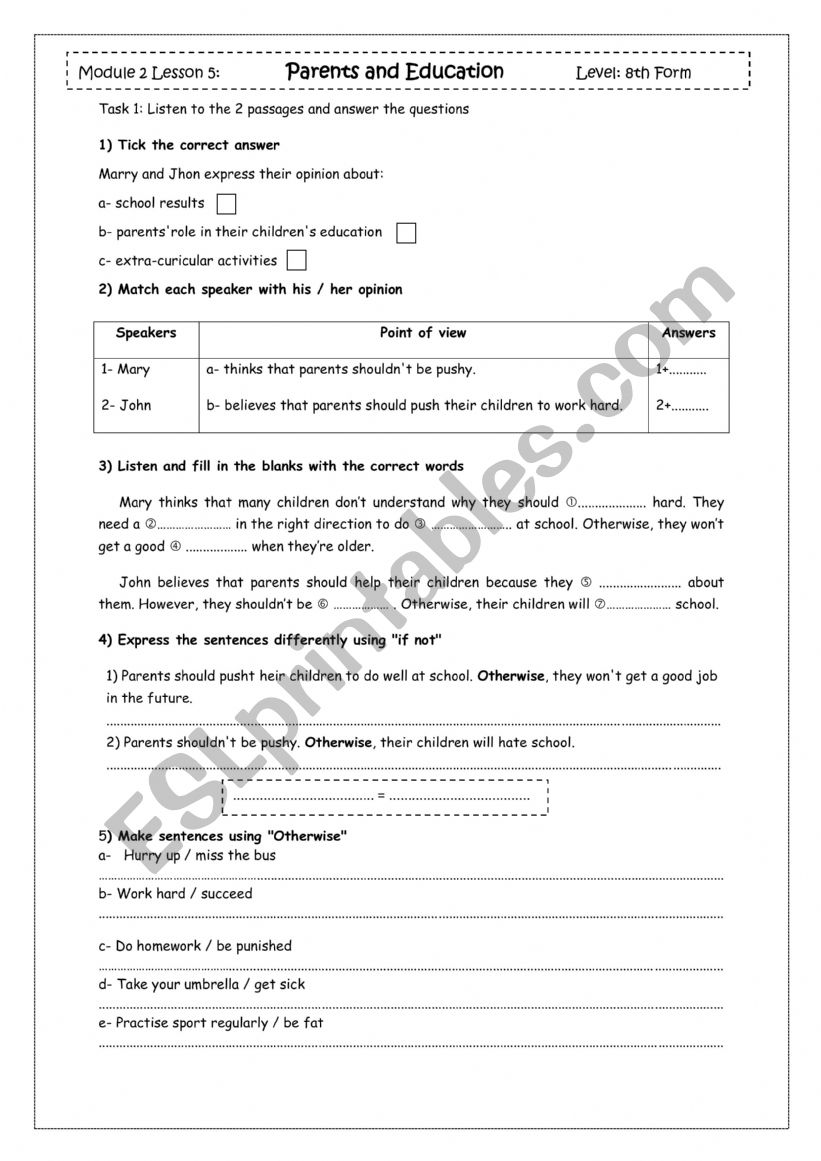 Parents and Education worksheet